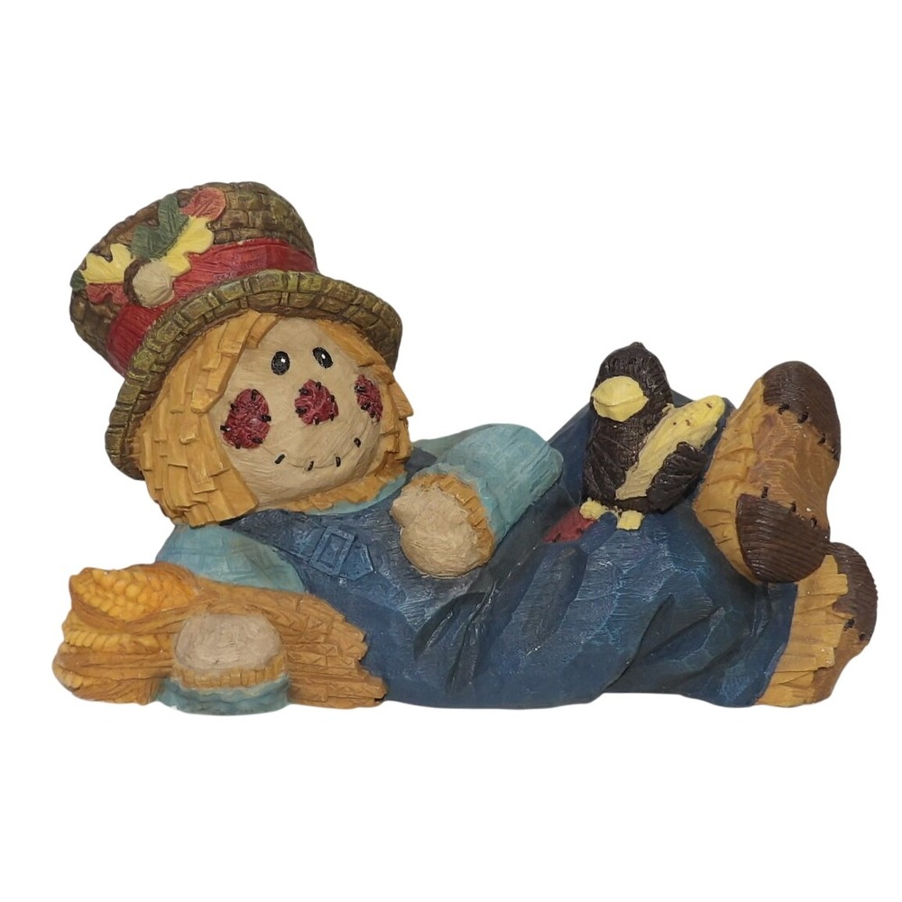 Rustic Reclining Scarecrow Figurine Fall Harvest Decor Resin Folk Art Crow Wheat